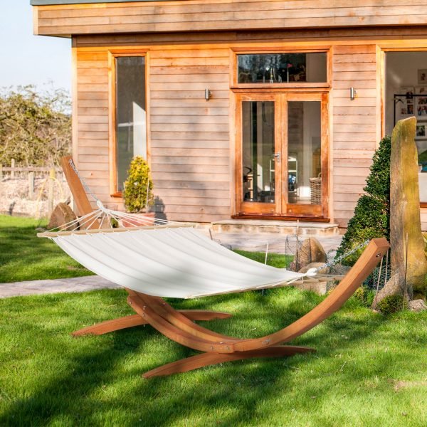 Cama Rede com Suporte de Madeira com Estrutura e Tecido de Algodão 200x120cm Carga Máxima 150kg 392x120x102cm Branco e Natural