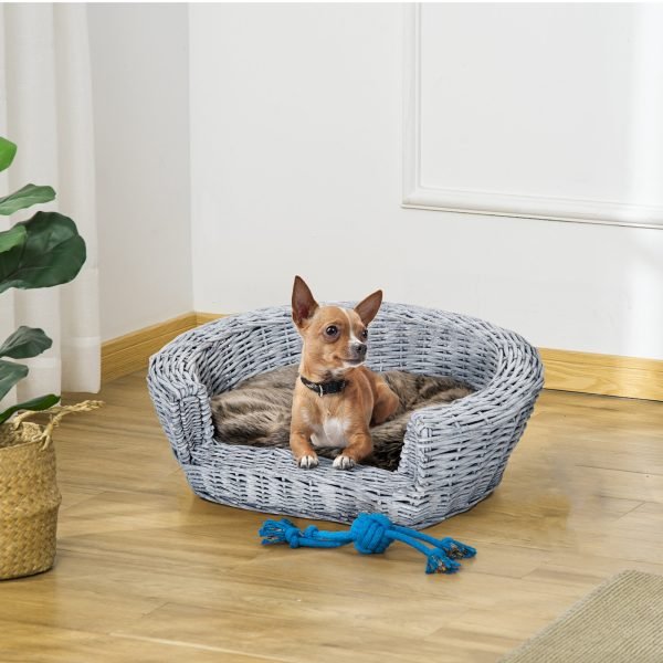 Cama para Cães de Vime para Gatos e Cães com Almofada Lavável 57x46x17