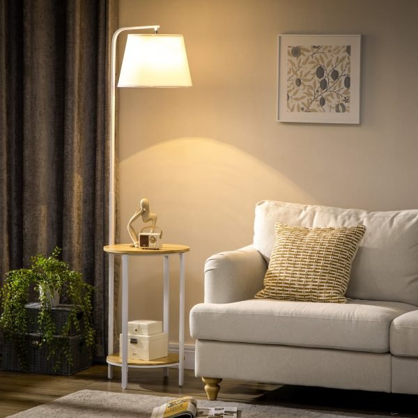Candeeiro de Pé Moderno com Prateleira Candeeiro com Prateleira Suporte para Lâmpada E27 Máx. 40W com Ecrã de Linho Interruptor de Pé para Sala de Estar Dormitório Ø37x162cm Branco e Madeira