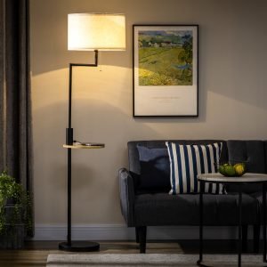 Candeeiro de Pé com Prateleira Lâmpada E27 Máx. 40W com Ecrã de Linho Interruptor de Corrente e Carregador USB