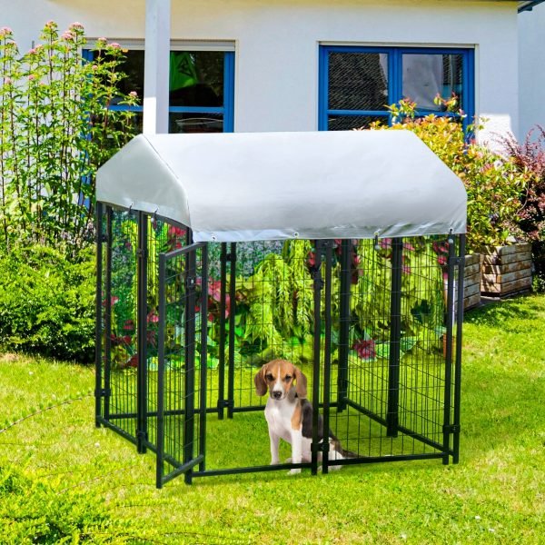 Canil para Cães com Malha de Metal e Porta com Fechadura para Jardim Pátio Preto e Prata