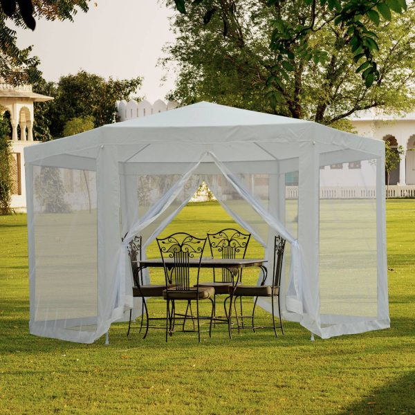 Carpa Gazebo tipo Hexagonal com Mosquiteira para Jardím e Terraço φ3.9m Material de Poliéster Resistente à Agua