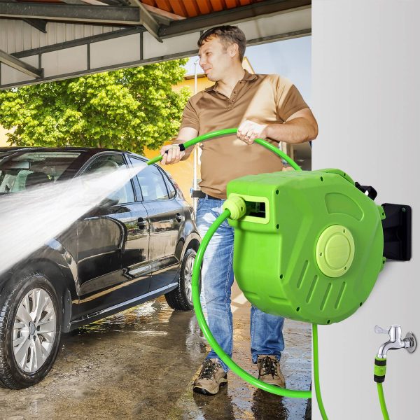 Carrete para Mangueira Suporte Mural Portamangueira 20m Roll-up Automático com Pistola de Pulverização Base de Parede Conector de Mangueira para Jardím Terraço