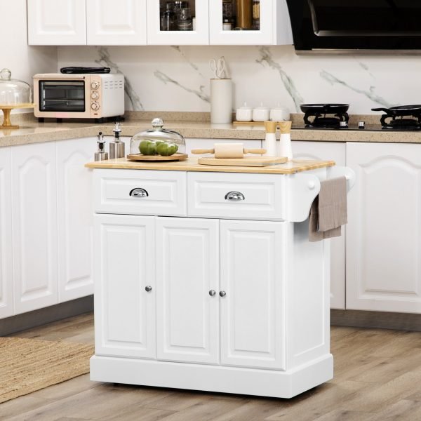 Carrinho de Cozinha Ilha de Cozinha com Rodas Móvel Multifuncional com 2 Gavetas 3 Armários Suporte para Panos e para Temperos para Sala de Jantar