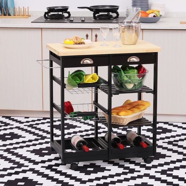 Carrinho de Cozinha com Rodinhas com Prateleira e Gaveta 74x37x76cm Preto