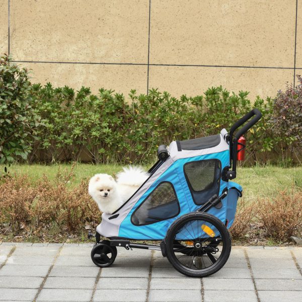 Carrinho para animais de estimação dobrável 2 em 1 com guiador 360 ° Giratório Roda dianteira Engate retrátil Oxford Carga 30 kg 140x71x105 cm Azul Cinza