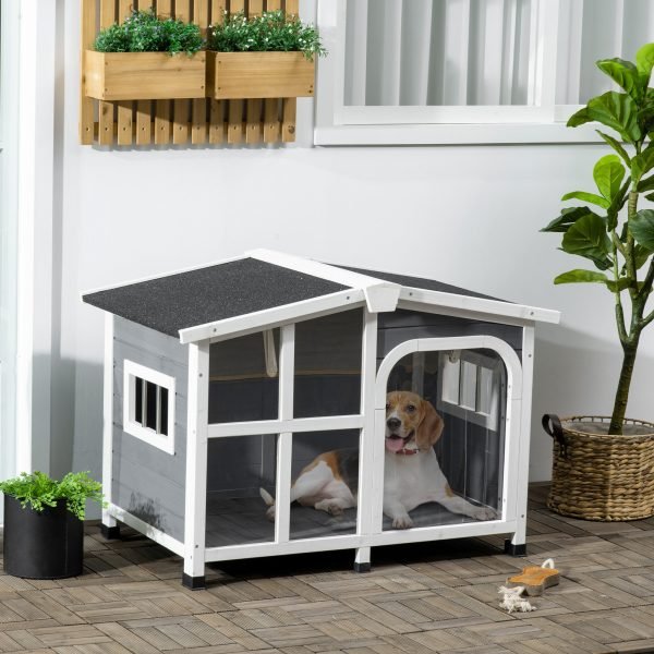 Casa para Animais de Estimação com Teto Abatível Frontal de Acrílico Porta com Cortina e Fundo Amovível Cinza Escuro