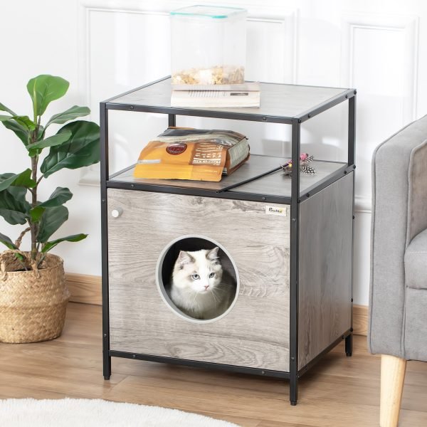 Casa para Gatos de Madeira com Aparência de Mesa Auxiliar com 2 Prateleiras de Armazenamento Caverna para Gatos com Almofada Removível e Lavável 48x40x65