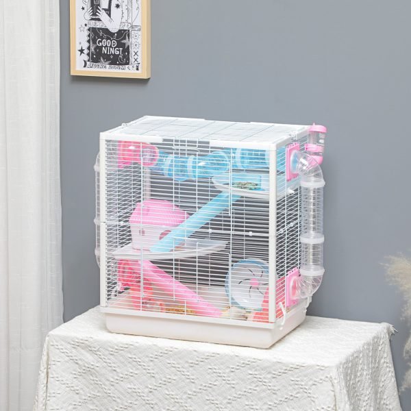 Casa para hamster com 2 Portas Bandeja Comedouro Casa 2 Rampas e Roda de Exercícios