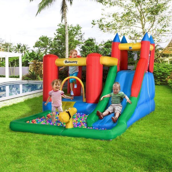 Castelo Insuflável com Escorrega Trampolim Piscina e Pistola de Água para Crianças acima de 3 Anos com Inflador e Bolsa de Transporte para Interior Exterior 330x245x215cm Multicor