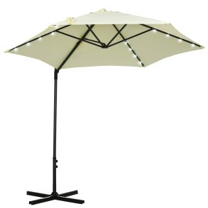 Chapéu de Sol Ø256x248cm com Luzes LED Mastro Giratório 360° com Manivela Manual e Ventilação Superior