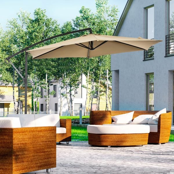 Chapéu de Sol com Manivela Manual Proteção UV30+ Teto com Ventilação Base Cruzada e 6 Varas de Metal Bege