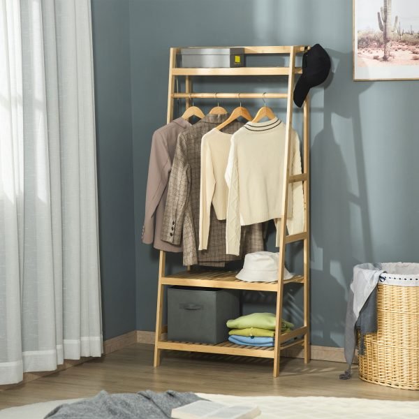 Charriot de Pé de Bambú com Prateleira de 3 Níveis com Barra e Cabide Lateral para Roupas 70x42x164cm Natural