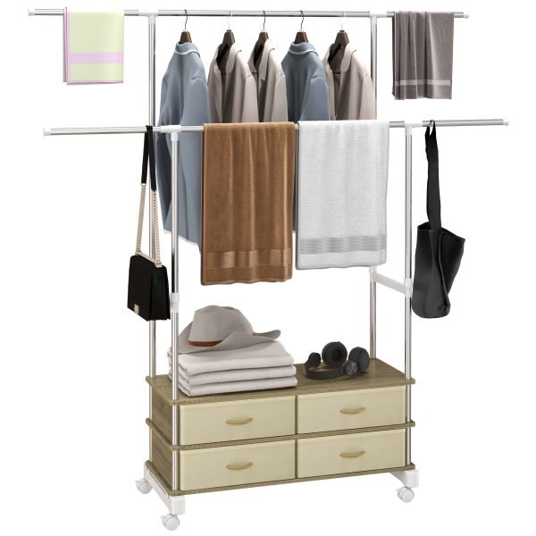 Charriot de Roupa com Rodas 4 Gavetas de Tecido 88-148x42x93-160 cm Bege - Image 1