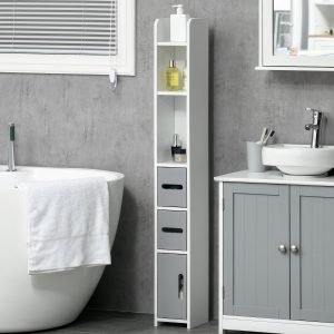 Coluna Casa de Banho com 3 Portas e 3 Prateleiras Abertas Estilo Moderno 15x17x120cm Branco e Cinza