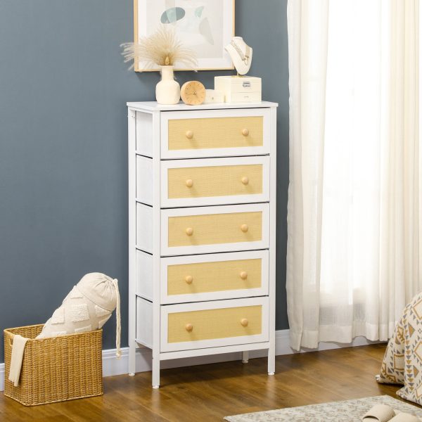 Cómoda Estilo Bohemio com 5 Gavetas de Tecido Dobráveis Superfície de Vime PE e Estrutura de Aço 62x30x126