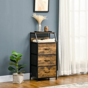 Cómoda com 3 Gavetas de Tecido Dobrável e Prateleira Aberta Estilo Industrial Anti-Tombo 44x29x92cm Marrom Rústico