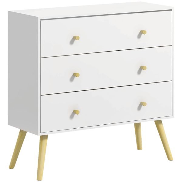 Cómoda de Dormitório com 3 Gavetas com Pés de Madeira Carga Máxima 70 kg 80x30x80 cm Branco e Madeira 1