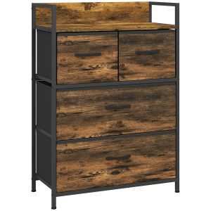 Cómoda de Quarto Armário Armazenamento com 4 Gavetas Dobráveis Prateleira Aberta e Estrutura Aço para Sala Entrada 60x29x85 cm Castanho Rústico