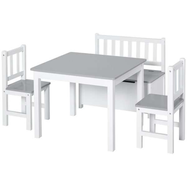 Conjunto Infantil de Mesa 2 Cadeiras e Banco com Armazenamento Branco e Cinza