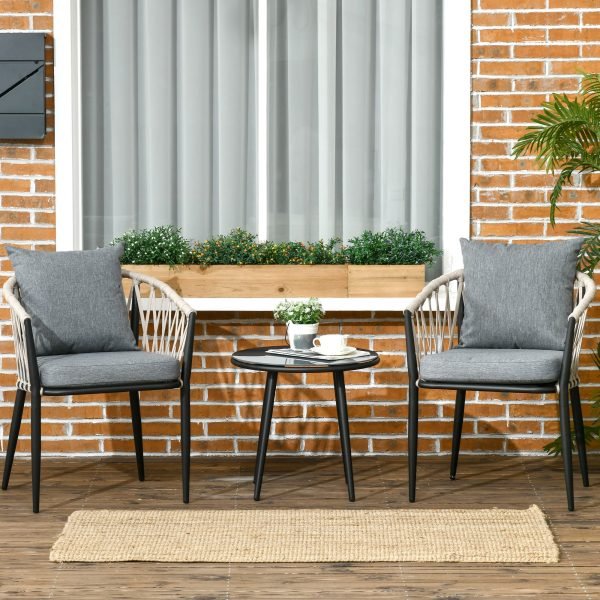 Conjunto Móveis de Exterior Incluí Mesa com Bancada de Vidro Temperado e 2 Cadeiras com Almofadas. Apoio para os Braços de Corda de Polipropileno.