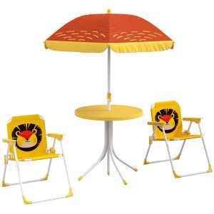 Conjunto de 2 Cadeiras Dobráveis e Mesa para Crianças com Chapéu de Sol Ajustável em Altura Tema de Leão