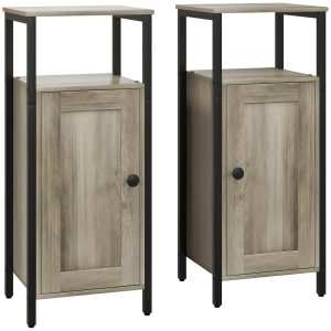 Conjunto de 2 Mesas Auxiliares para Sala Estar Indutrial com Porta Magnética e Prateleira Ajustável Mesa Cabeceira Dormitório 34x30x80 cm Marom Acinzentado
