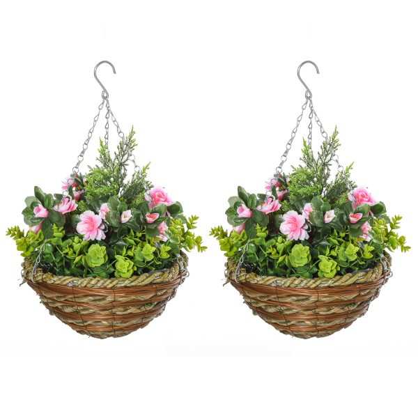 Conjunto de 2 Plantas Lisianthus Suspensas com Vaso e Vime e Correia Ø25x34cm