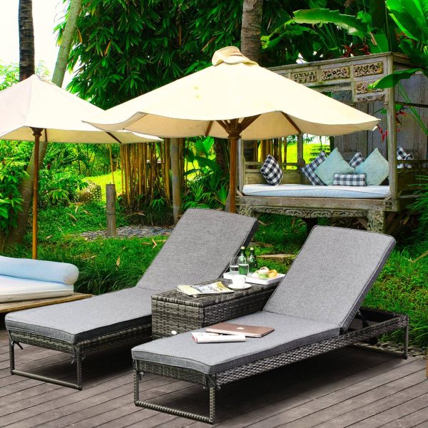 Conjunto de 2 espreguiçadeiras de jardim com almofadas acolchoadas de vime com mesa lateral para piscina ou terraço Carga 160kg 195x60x86 cm de vime Armação de aço cinza