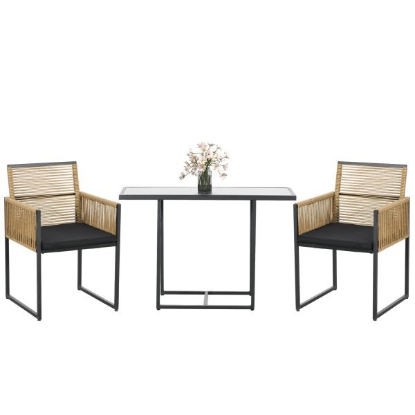 Conjunto de 3 Peças com 2 Cadeiras com Encosto Dobrável e Almofadas e Mesa de Vidro