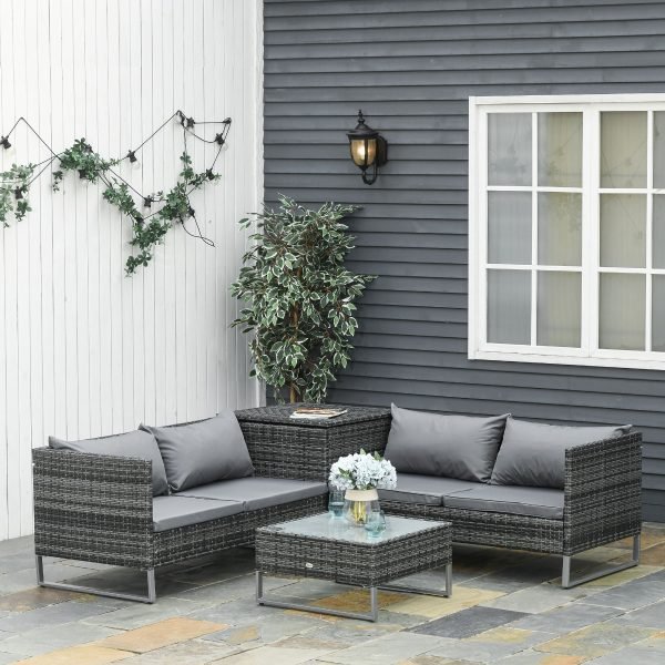 Conjunto de 4 Móveis de vime para Jardim com 2 Sofás Duplos Mesa central mesa de baú e almofadas removíveis Cinza