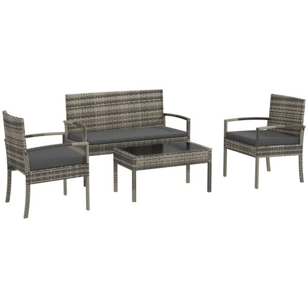 Conjunto de 4 Peças Móveis de Jardim com 2 Poltronas 1 Sofá de 2 Lugares e 1 Mesa de Centro com Bancada de Vidro