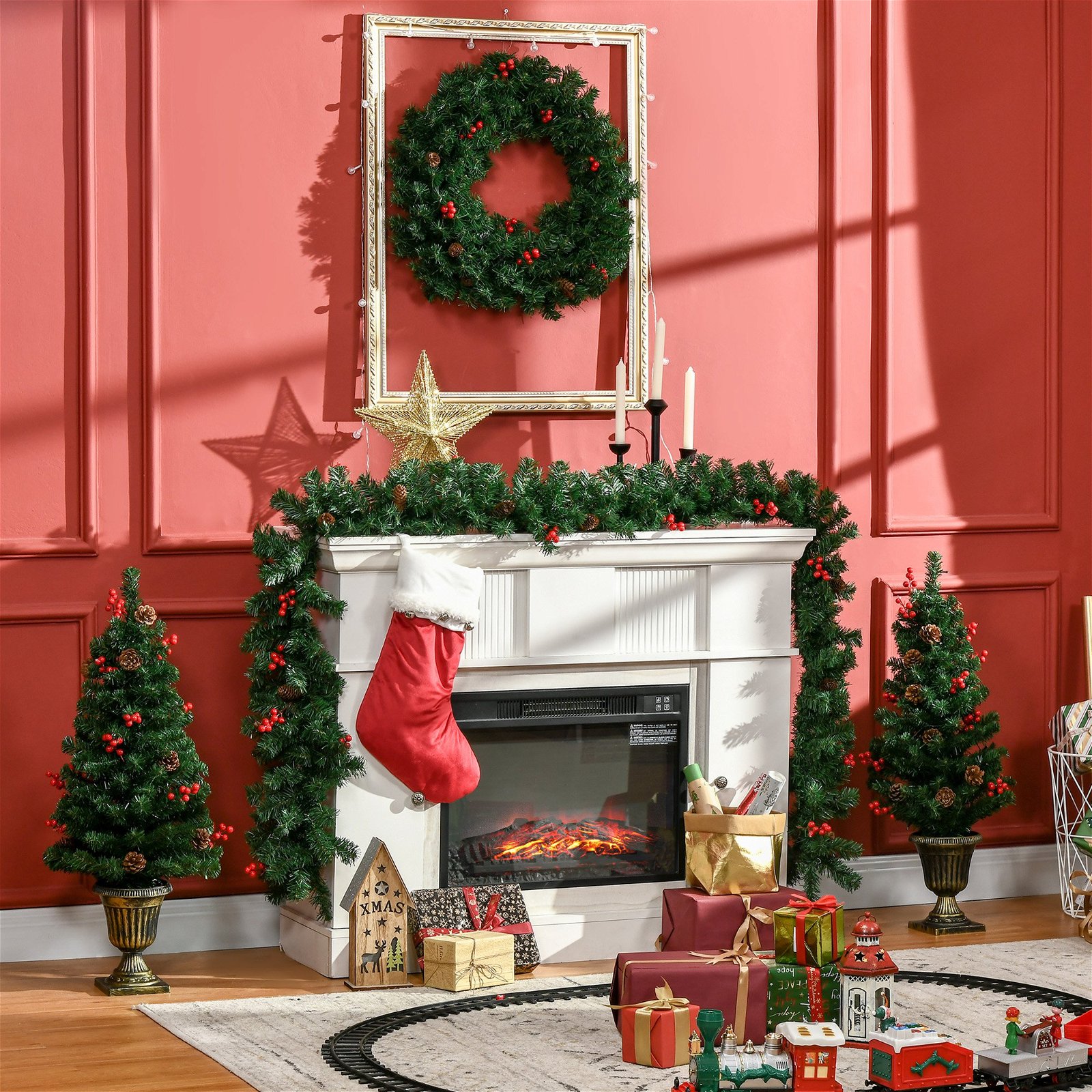 Conjunto de Decoração de Natal 4 Peças Decoração de Natal com 2 Árvores de  Natal Coroa e Grinalda com Luzes LED Branca e Bagas Vermelhas 40x40x90cm  Verde | O Meu Jardim