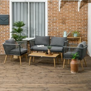 Conjunto de Jardim com Sofá de 2 Lugares 2 Poltronas e Mesa de Centro com Bancada de Madeira e Plástico