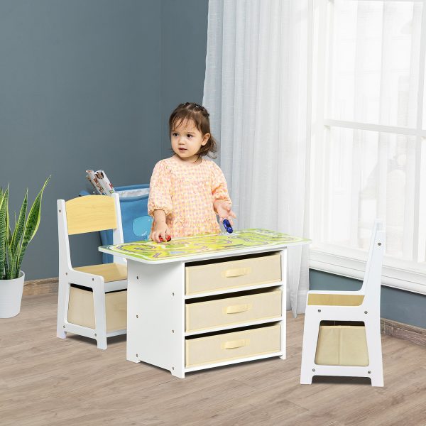 Conjunto de Mesa 3 em 1 com 2 Cadeiras de Madeira 5 Gavetas de TNT para Armazenamento Mesa de Atividades para Blocos de Construção e Circuito de Carros Branco e Madeira