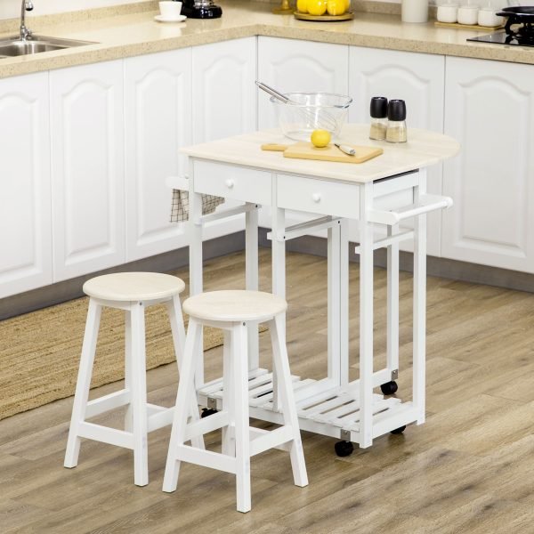 Conjunto de Mesa e 2 Bancos para Cozinha com Rodas e Prateleira de Armazenamento 87x74x86cm