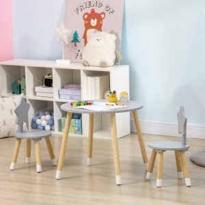 Conjunto de Mesa e 2 Cadeiras de Madeira para Crianças com Mesa Redonda Ø59x50cm e Cadeiras Ø28x51Cinza e Madeira