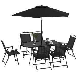 Conjunto de Móveis Jardim 8 Peças com 6 Cadeiras Dobráveis Mesa Bancada Vidro e Chapéu Sol Inclinável Proteção Solar para Terraço Exterior Preto