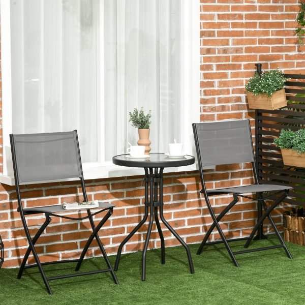 Conjunto de Móveis de Jardim 3 Peças Incluí Mesa com Bancada de Vidro Temperado e 2 Cadeiras Dobráveis com Encosto e Assento