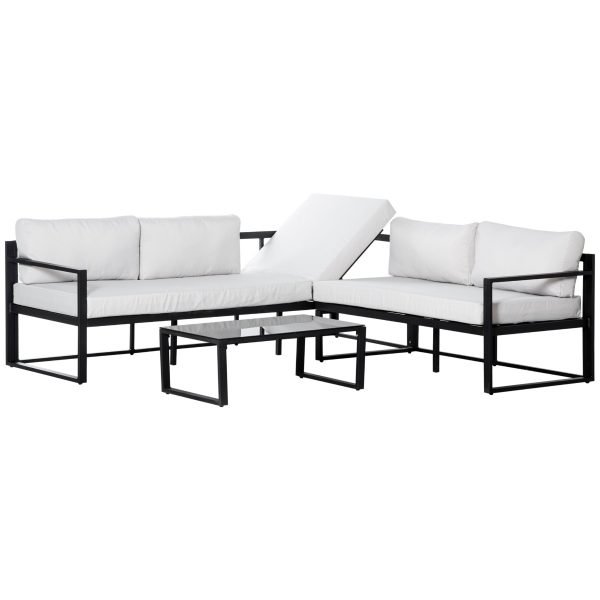 Conjunto de Móveis de Jardim 3 Peças de Alumínio com Mesa de Vidro Sofá de 2 Lugares e Sofá de 3 Lugares com Encosto Ajustável e Almofadas Removíveis 212x70x64cm Preto e Cinza