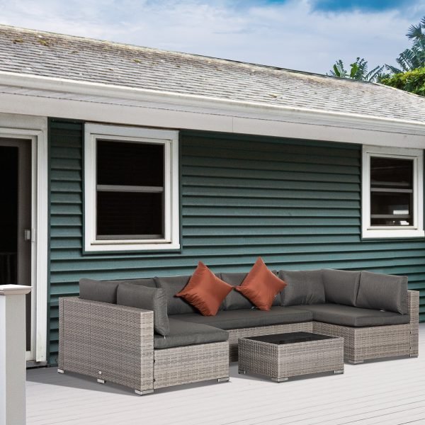 Conjunto de Móveis de Jardim de Vime 4 Peças Mesa de Centro Sofá Duplo e 2 Sofás Laterais com Almofadas Amovíveis para Terraço Exterior Cinza