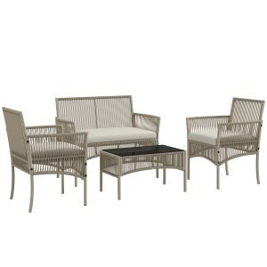 Conjunto de Móveis de Jardim de Vime com 1 Sofá de 2 Lugares 2 Poltronas Almofadas e Mesa de Centro com Bancada de Vidro