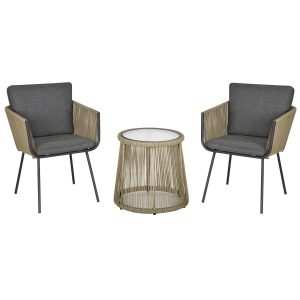 Conjunto de Móveis de Vime - Mesa Redonda e 2 Poltronas com Almofadas Acolchoadas Cinza Claro e Marrom