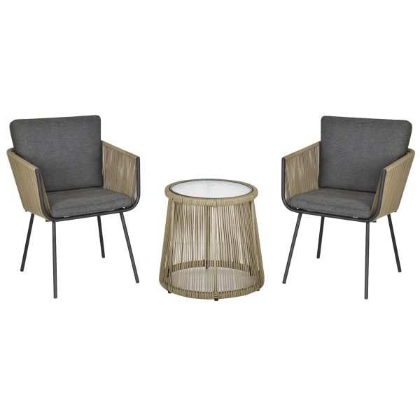 Conjunto de Móveis de Vime - Mesa Redonda e 2 Poltronas com Almofadas Acolchoadas Cinza Claro e Marrom