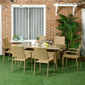 Conjunto de Móveis de Vime Mesa com Tampa de Vidro e 6 Cadeiras Empilháveis com Almofadas