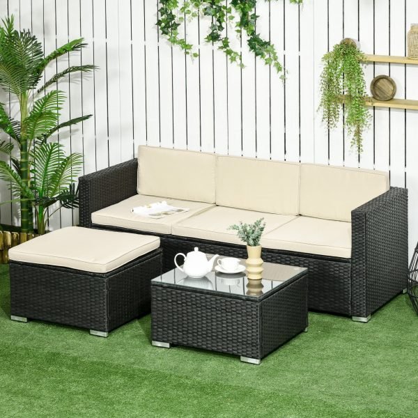 Conjunto de Móveis de Vime de Jardim de 3 Lugares com Almofadas Acolchoadas Mesa de Centro com Bancada de Vidro Temperado
