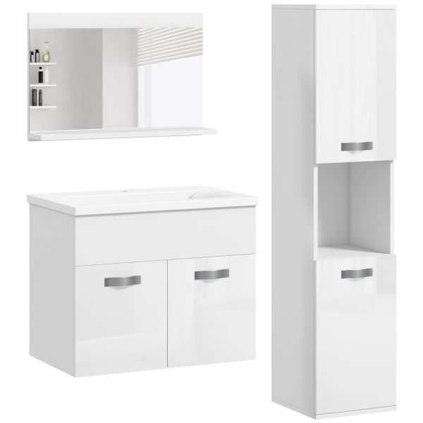 Conjunto de Móveis para Casa Banho Parede 3 Peças Inclui Espelho com Prateleira Móvel Lavatório Cerâmico e Coluna Estilo Moderno Branco