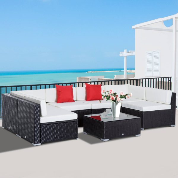 Conjunto de Móveis de Jardim Vime 7 Peças com Almofadas Incluídas cor Castanho