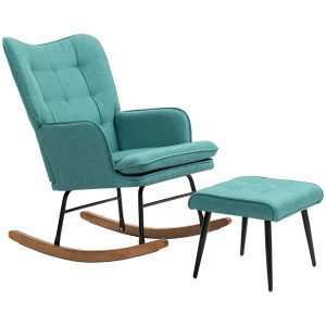 Conjunto de Poltrona Baloiço com Apoio para os Pés Poltrona Relax com Almofada Acolchoada e Anti-Tombo Carga 130 kg Sala de Estar Dormitório 64x89x90 cm Verde