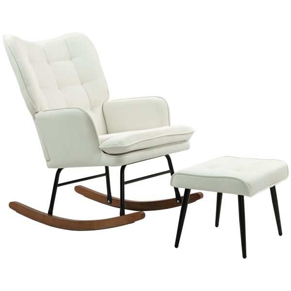 Conjunto de Poltrona Baloiço com Apoio para os Pés com Almofada Acolchoada e Anti-Tombo 64x89x90 cm Bege